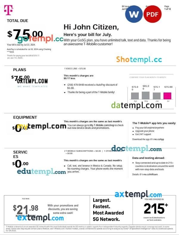 USA T-Mobile Monthly utility bill template in Word and PDF formats, 12 pages