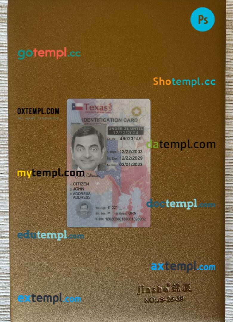 USA Texas under 21 ID card editable PSD files, scan look and photo-realistic look, 2 in 1