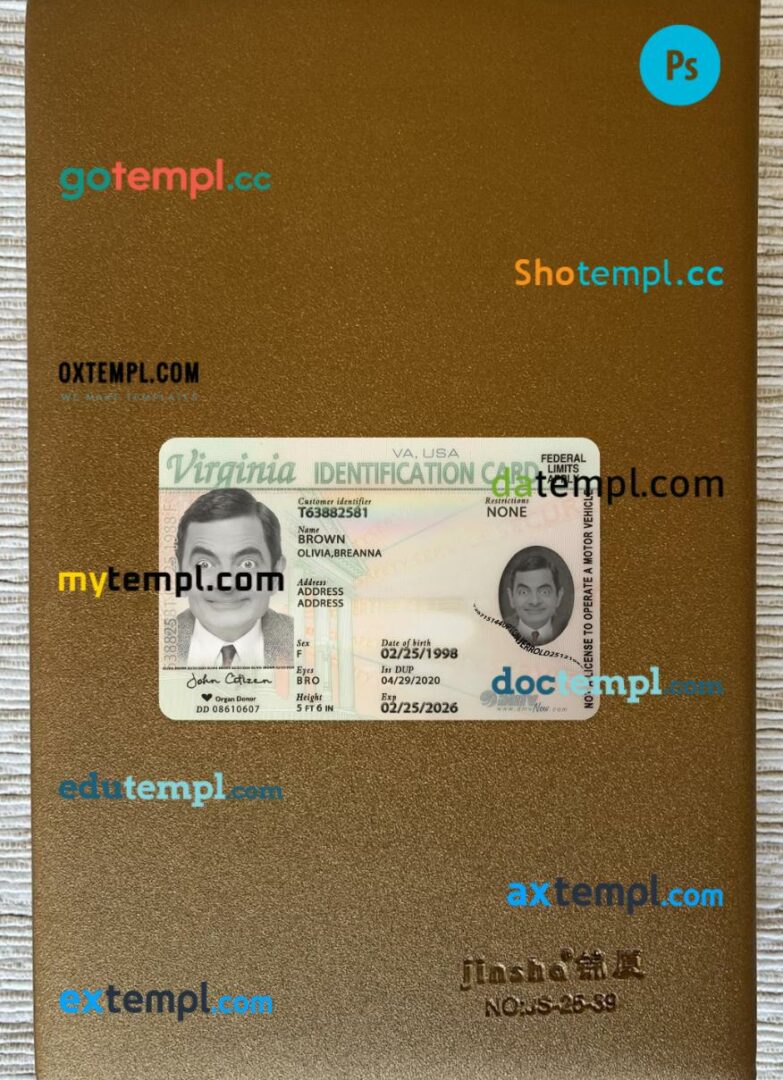 USA Virginia ID card editable PSD files, scan look and photo-realistic look, 2 in 1