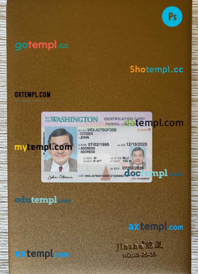 USA Washington ID card editable PSD files, scan look and photo-realistic look, 2 in 1, 2020-present