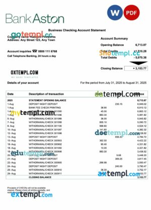 United Kingdom Bank of Aston corporate account statement Word and PDF template