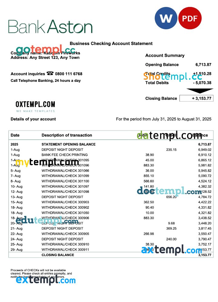 United Kingdom Bank of Aston corporate account statement Word and PDF template