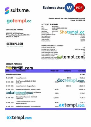 United Kingdom Suits Me organization checking account statement Word and PDF template