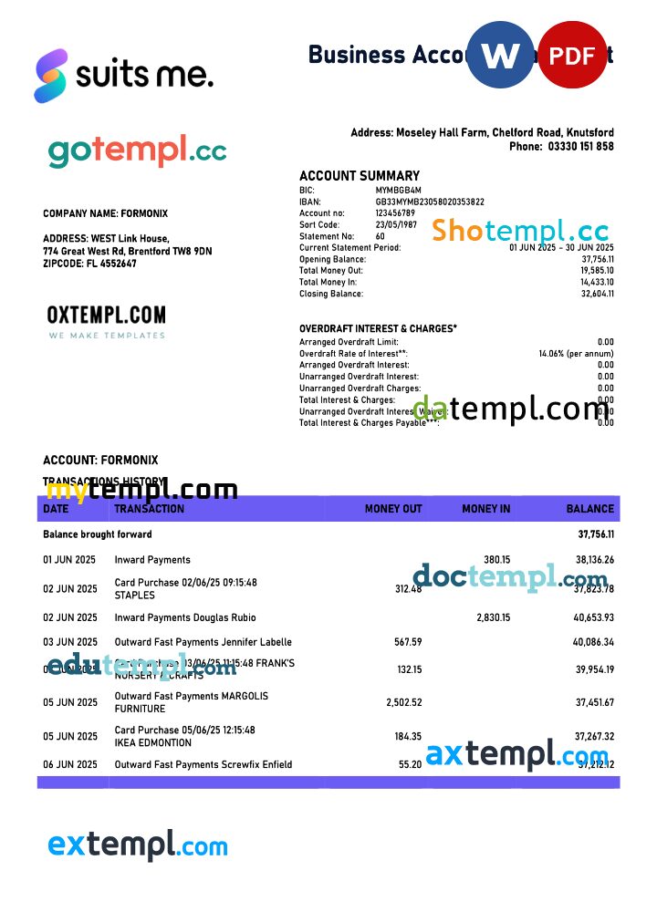 United Kingdom Suits Me organization checking account statement Word and PDF template