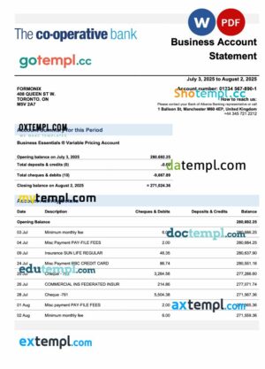 United Kingdom The Cooperative Bank firm checking account statement Word and PDF template