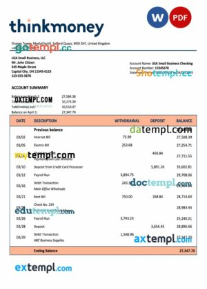 United Kingdom Think Money firm checking account statement Word and PDF template