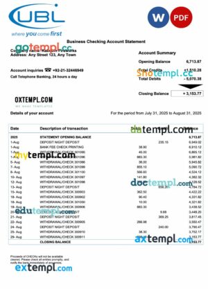United Kingdom United Bank Ltd (UBL) company checking account statement Word and PDF template