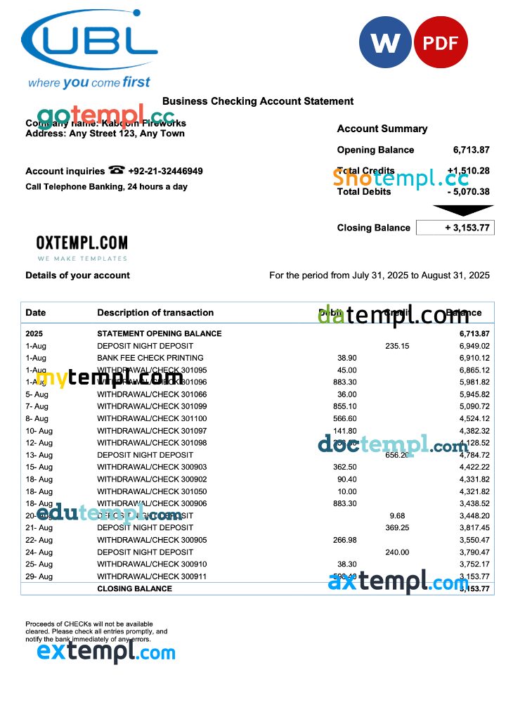 United Kingdom United Bank Ltd (UBL) company checking account statement Word and PDF template
