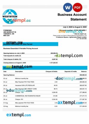 United Kingdom WestStein organization checking account statement Word and PDF template