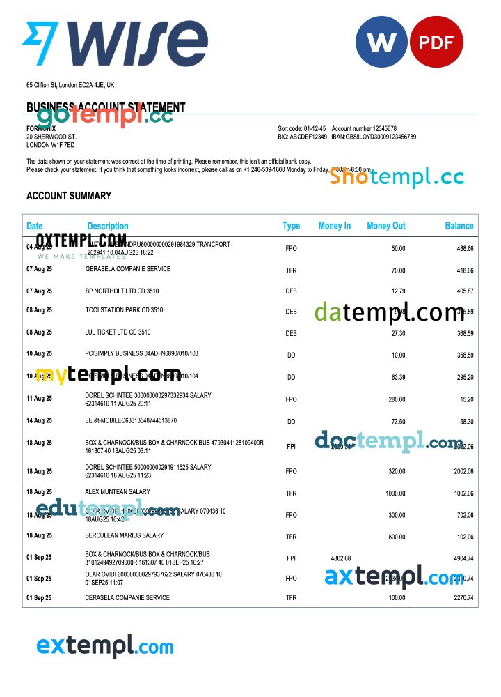 United Kingdom Wise enterprise statement Word and PDF template