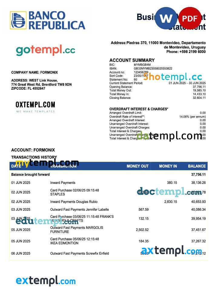 Uruguay Banco De La Republica Oriental Del Uruguayan corporate checking account statement Word and PDF template