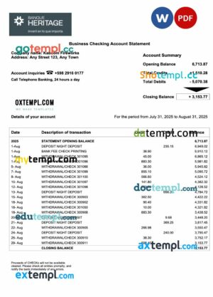 Uruguay Banque Heritage firm account statement Word and PDF template