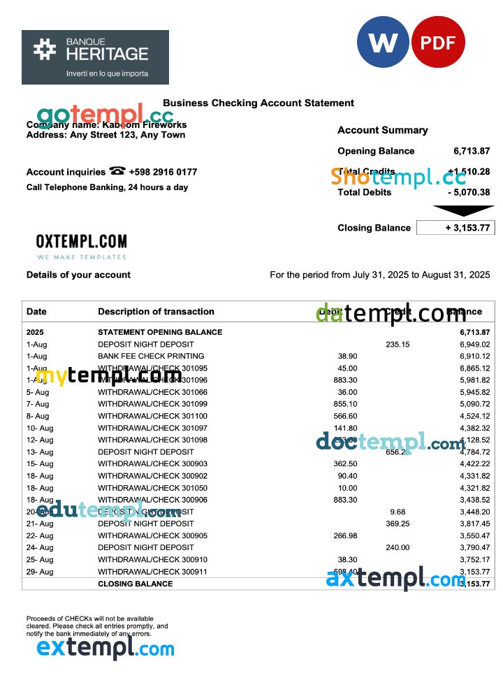 Uruguay Banque Heritage firm account statement Word and PDF template