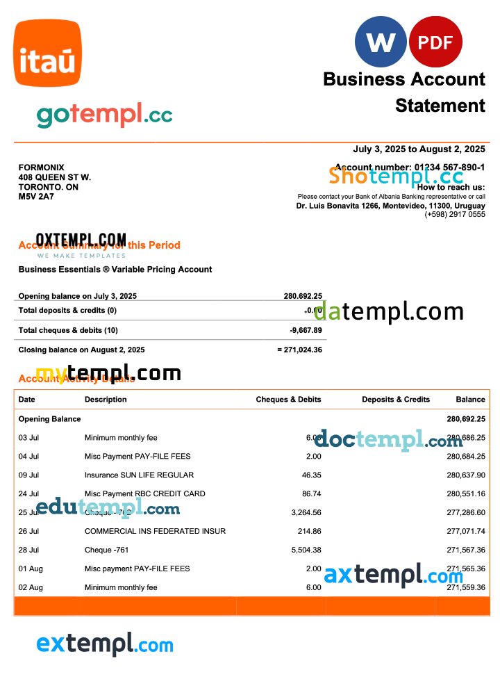 Uruguay Itau enterprise statement Word and PDF template