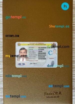 Zimbabwe national registration ID card editable PSD files, scan look and photo-realistic look, 2 in 1