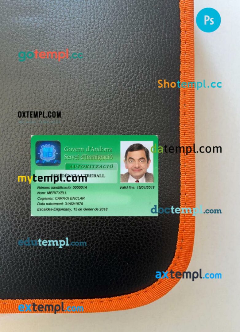 Andorra residence permit card editable PSD files, scan look and photo-realistic look, 2 in 1