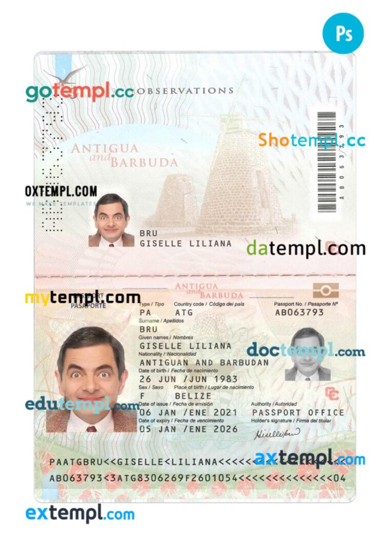 Antigua and Barbuda passport PSD template, 2021-present