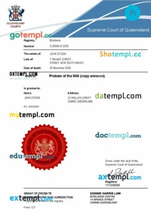 Australia Probate of the Will (Supreme Court of Queensland) template in PSD format