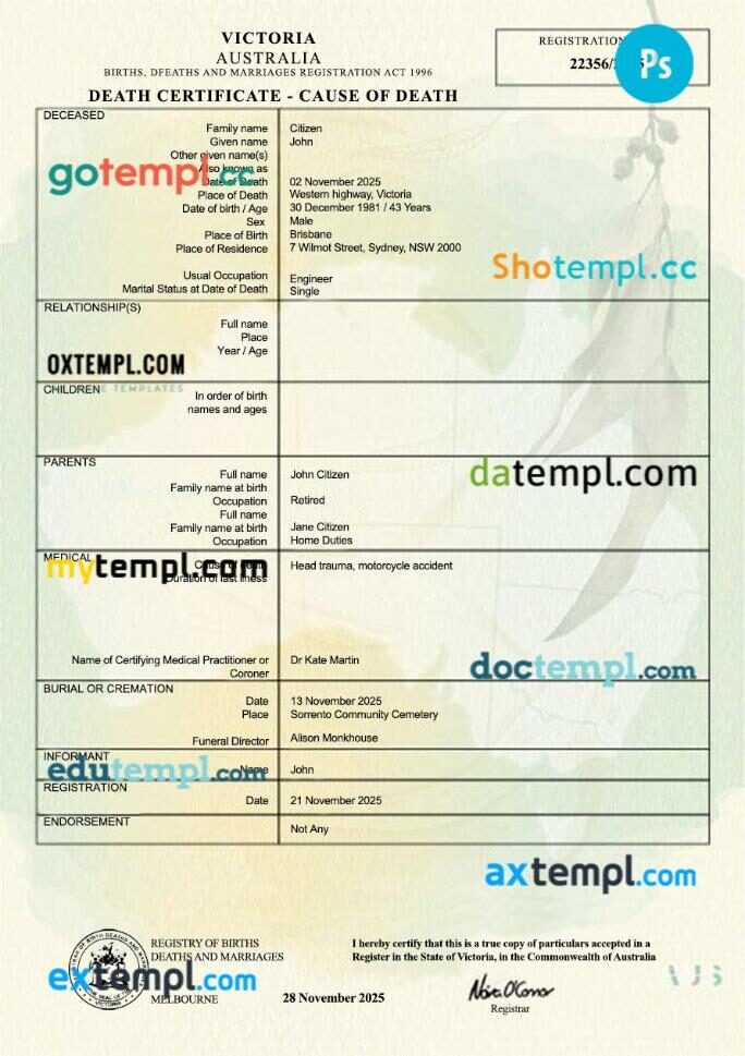 Australia Victoria death certificate template in PSD format