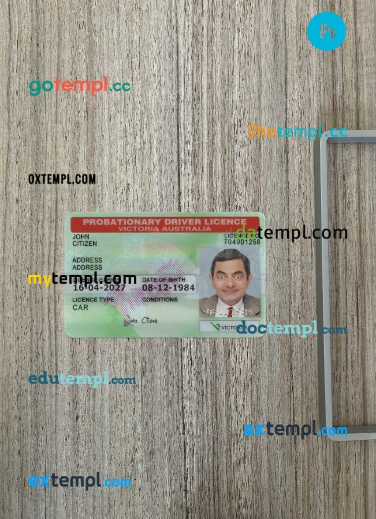 Australia Victoria state probationary driving license PSD files, scan look and photographed image, 2 in 1