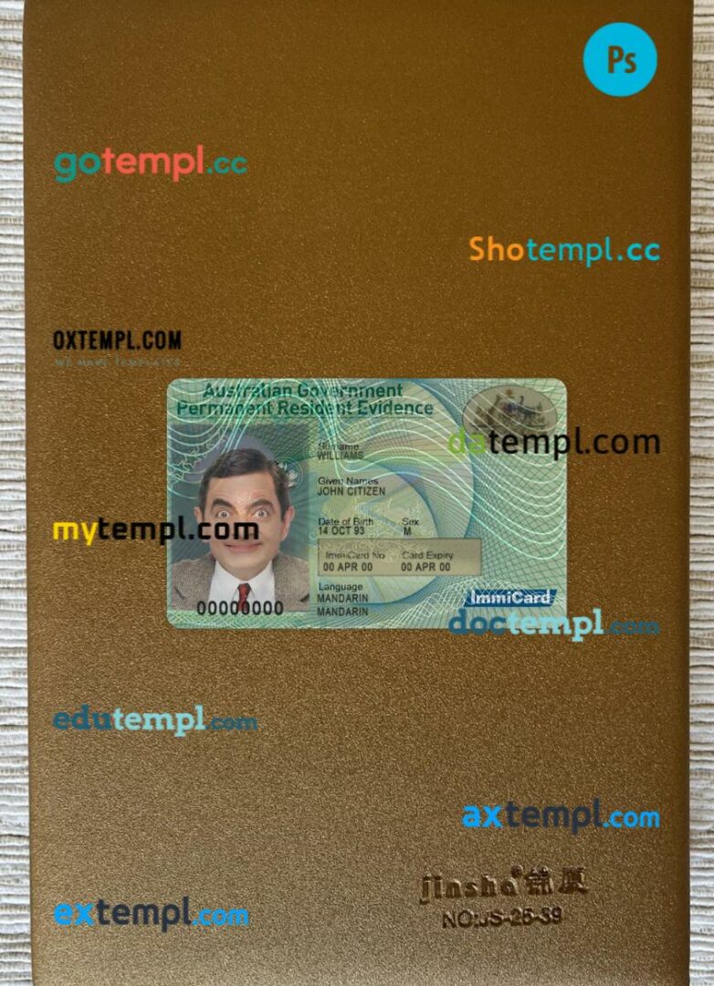 Australia permanent residence card editable PSD files, scan look and photo-realistic look, 2 in 1