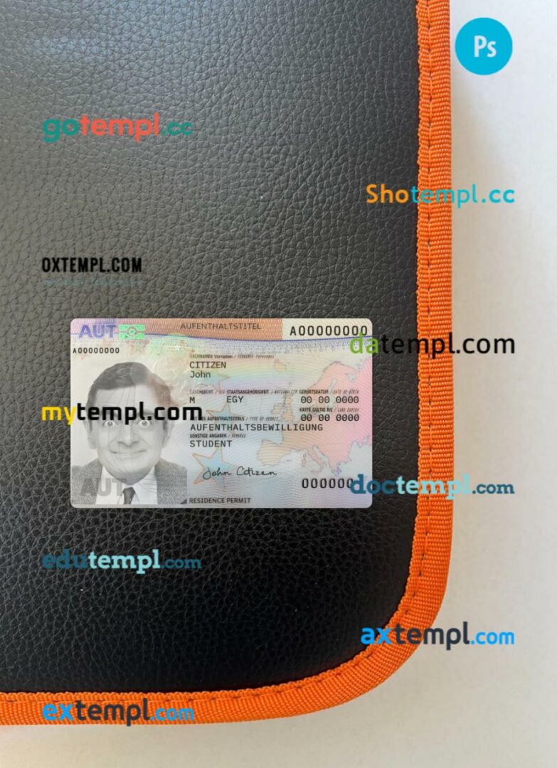 Austria residence permit editable PSD files, scan look and photo-realistic look, 2 in 1, 2023-present