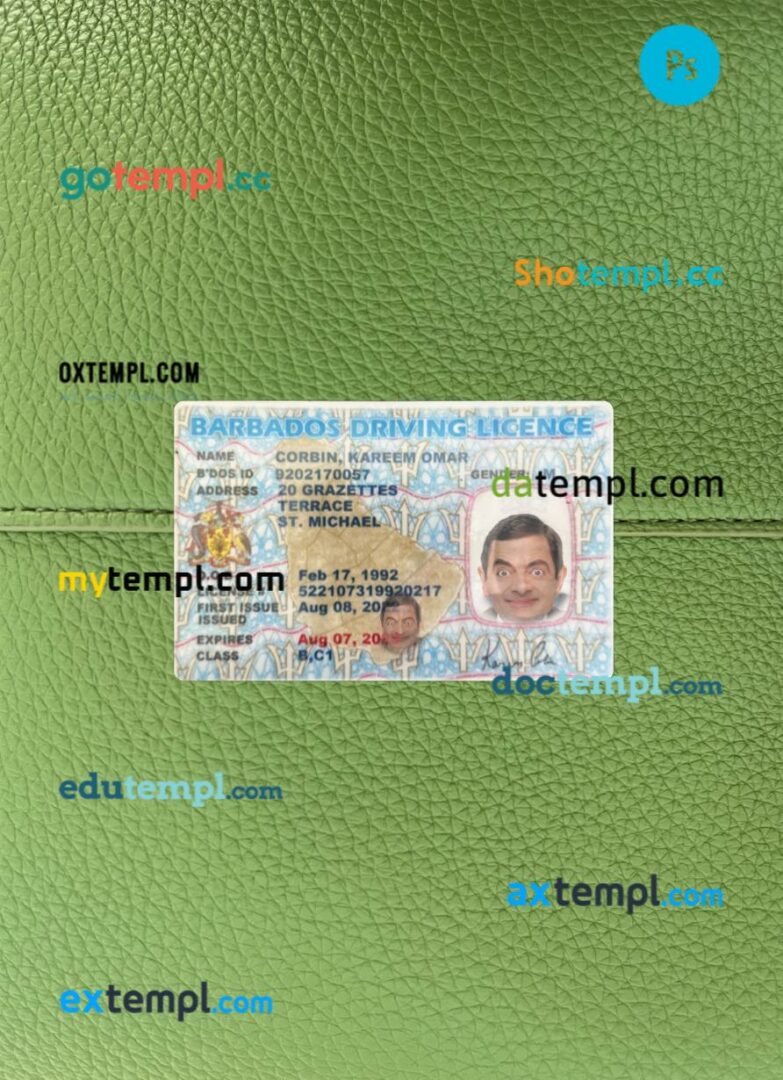 Barbados driving license PSD files, scan look and photographed image, 2 in 1