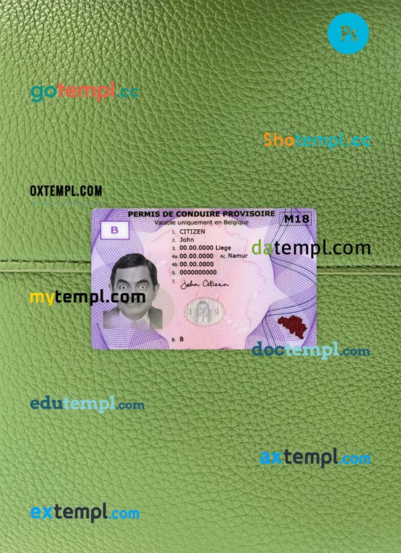 Belgium provisional driving license PSD files, scan look and photographed image, 2 in 1