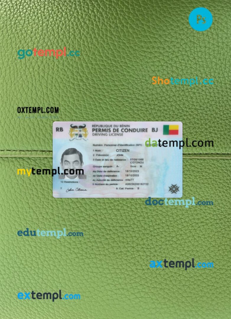 Benin driving license PSD files, scan look and photographed image, 2 in 1
