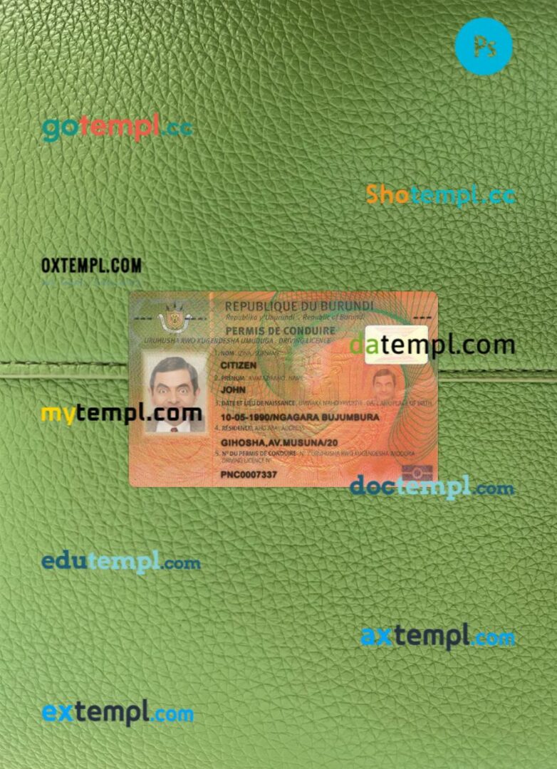 Burundi driving license PSD files, scan look and photographed image, 2 in 1