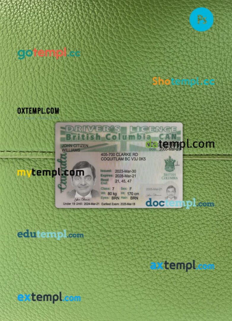 Canada British Columbia driving license PSD files, scan look and photographed image, 2 in 1, 2021-present
