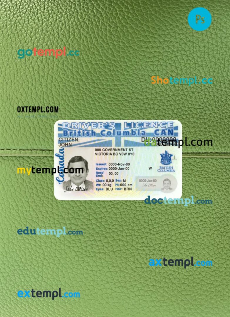 Canada British Columbia driving license PSD files, scan look and photographed image, 2 in 1, new version