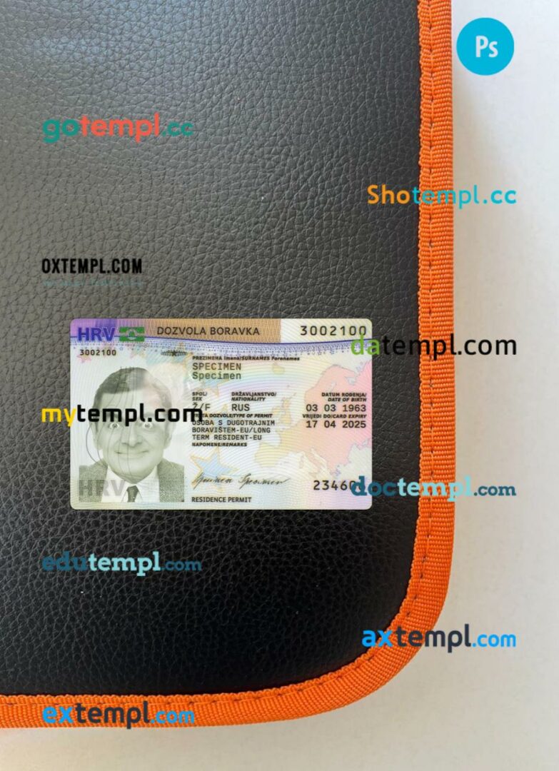Croatia residence permit editable PSD files, scan look and photo-realistic look, 2 in 1