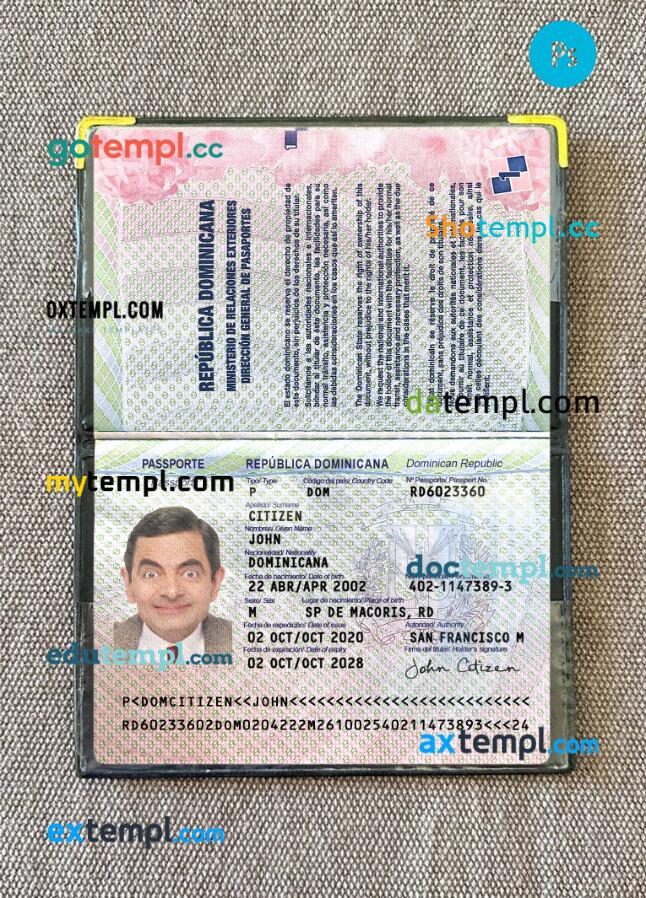 Dominican Republic passport editable PSD files with address page, scan and photo-realistic look 2020-present photolook, version 2