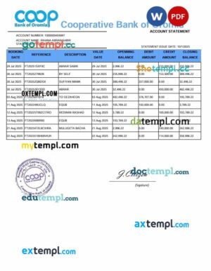 Ethiopia Cooperative Bank of Oromia account statement template in Word and PDF format