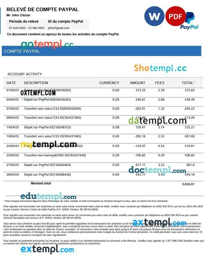 France PayPal account statement template in Word and PDF format