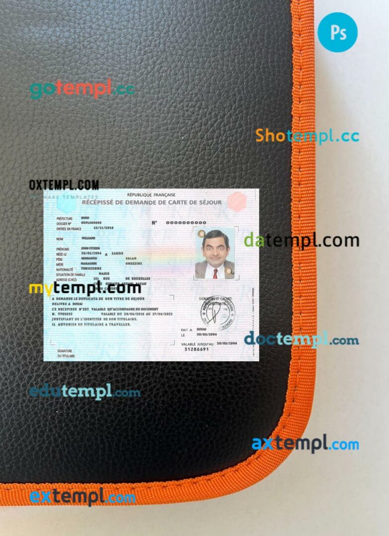 France residence card application receipt editable PSD files, scan look and photo-realistic look, 2 in 1