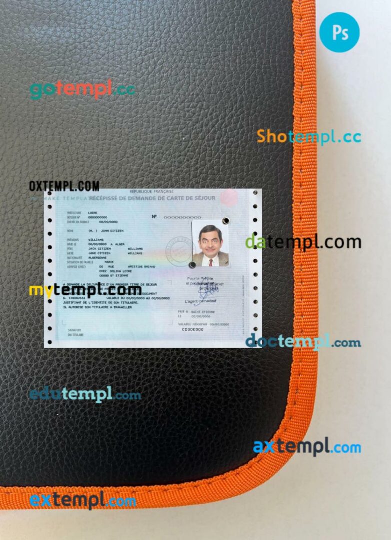French residence permit (carte de séjour) editable PSD files, scan look and photo-realistic look, 2 in 1