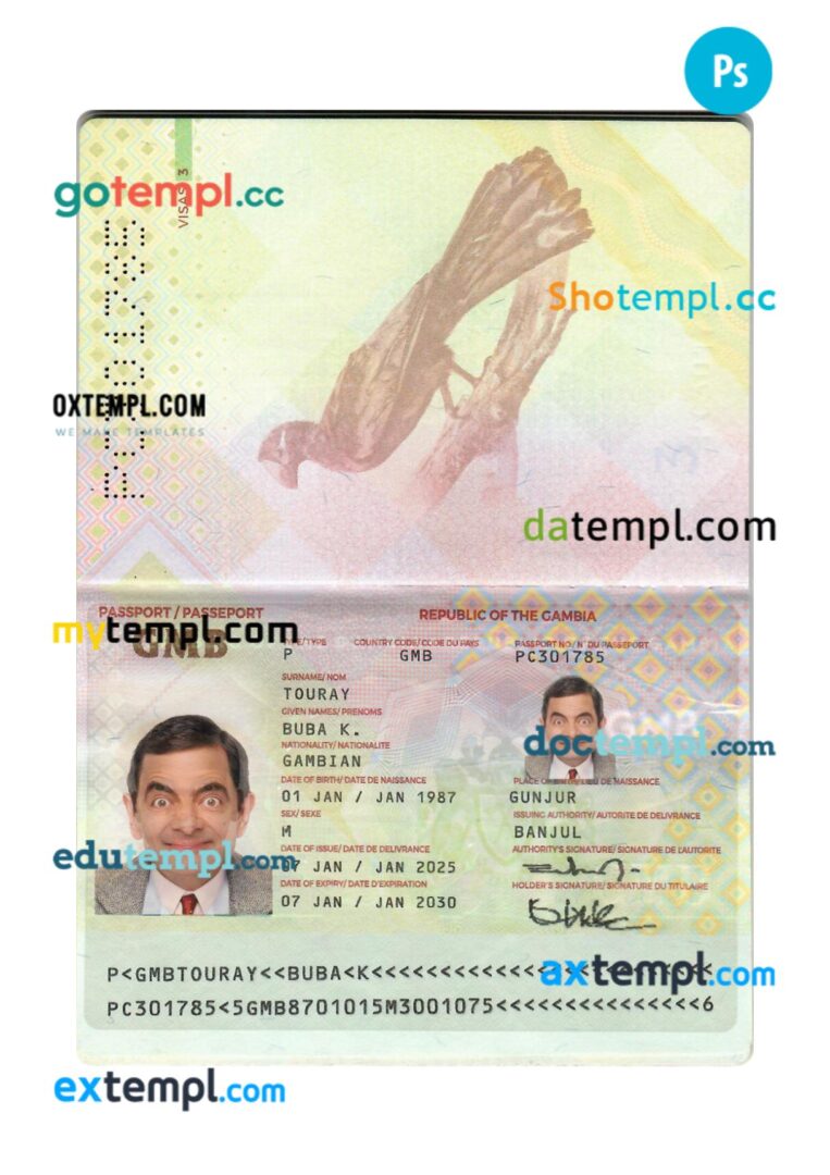 Gambia passport PSD template, 2025-present