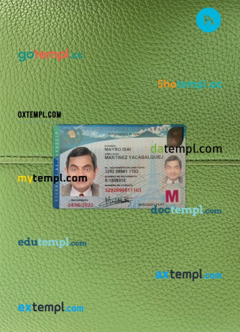 Guatemala driving license PSD files, scan look and photographed image, 2 in 1, 2021-present