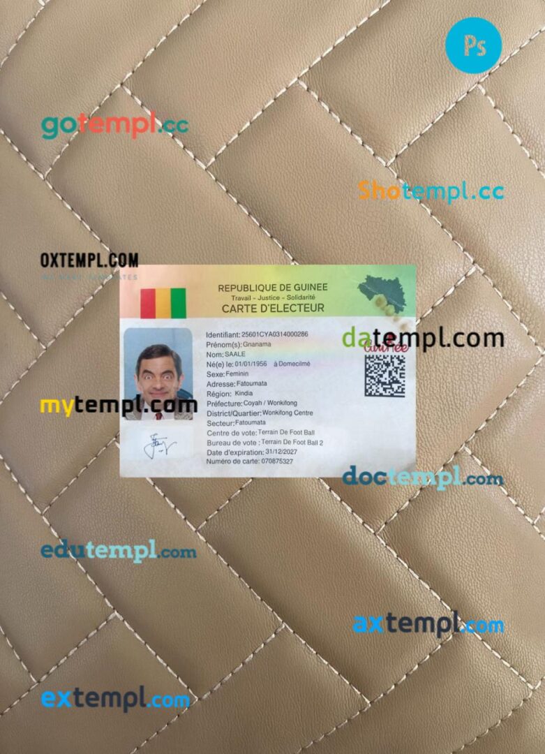 Guinea voting ID card editable PSD files, scan look and photo-realistic look, 2 in 1