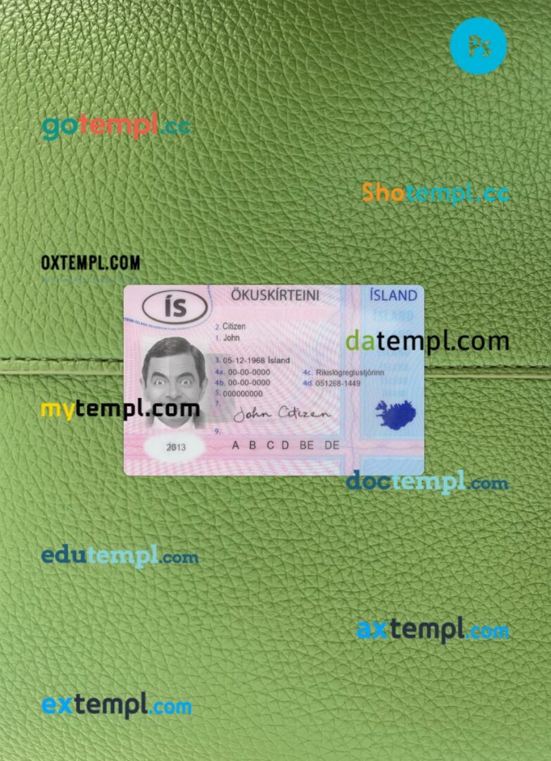 Iceland driving license PSD files, scan look and photographed image, 2 in 1, 2013-present