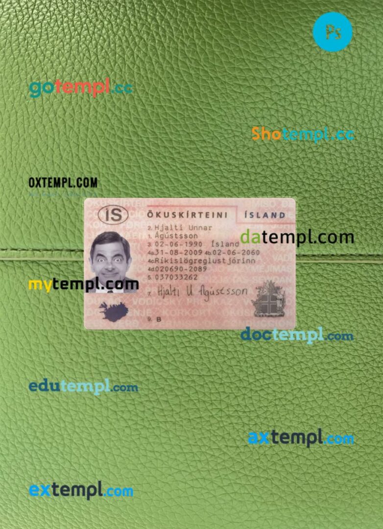 Iceland driving license PSD files, scan look and photographed image, 2 in 1