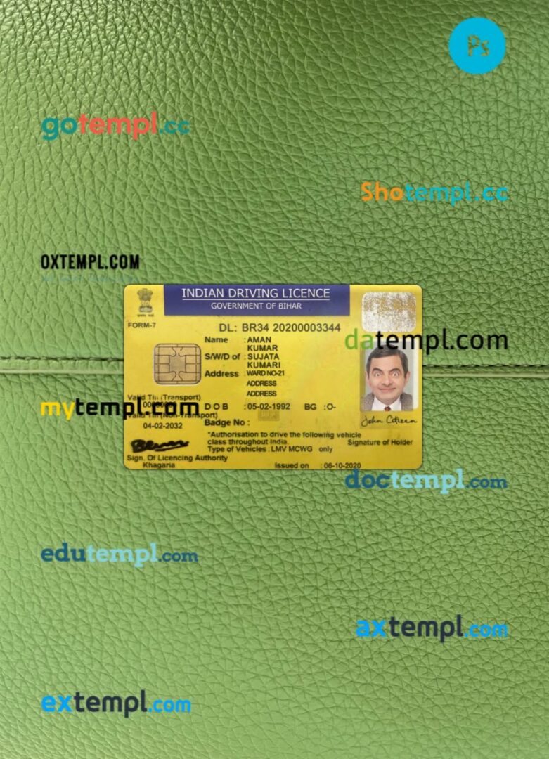 India Bihar state driving license PSD files, scan look and photographed image, 2 in 1
