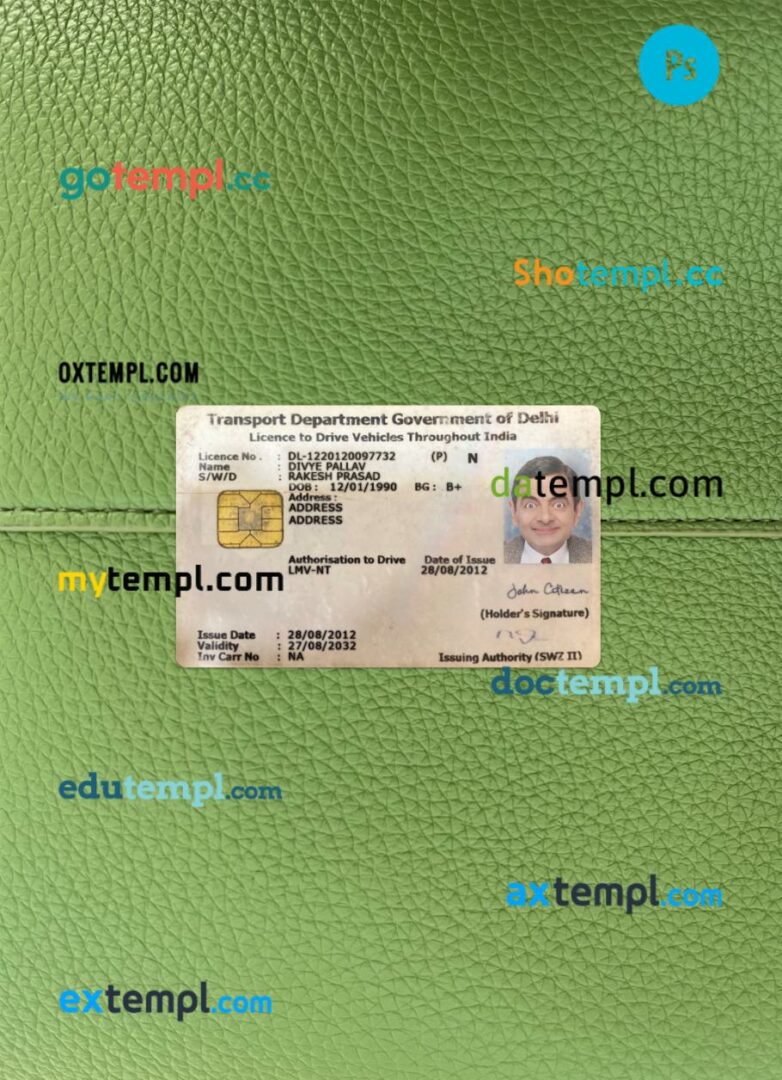 India Delhi driving license PSD files, scan look and photographed image, 2 in 1