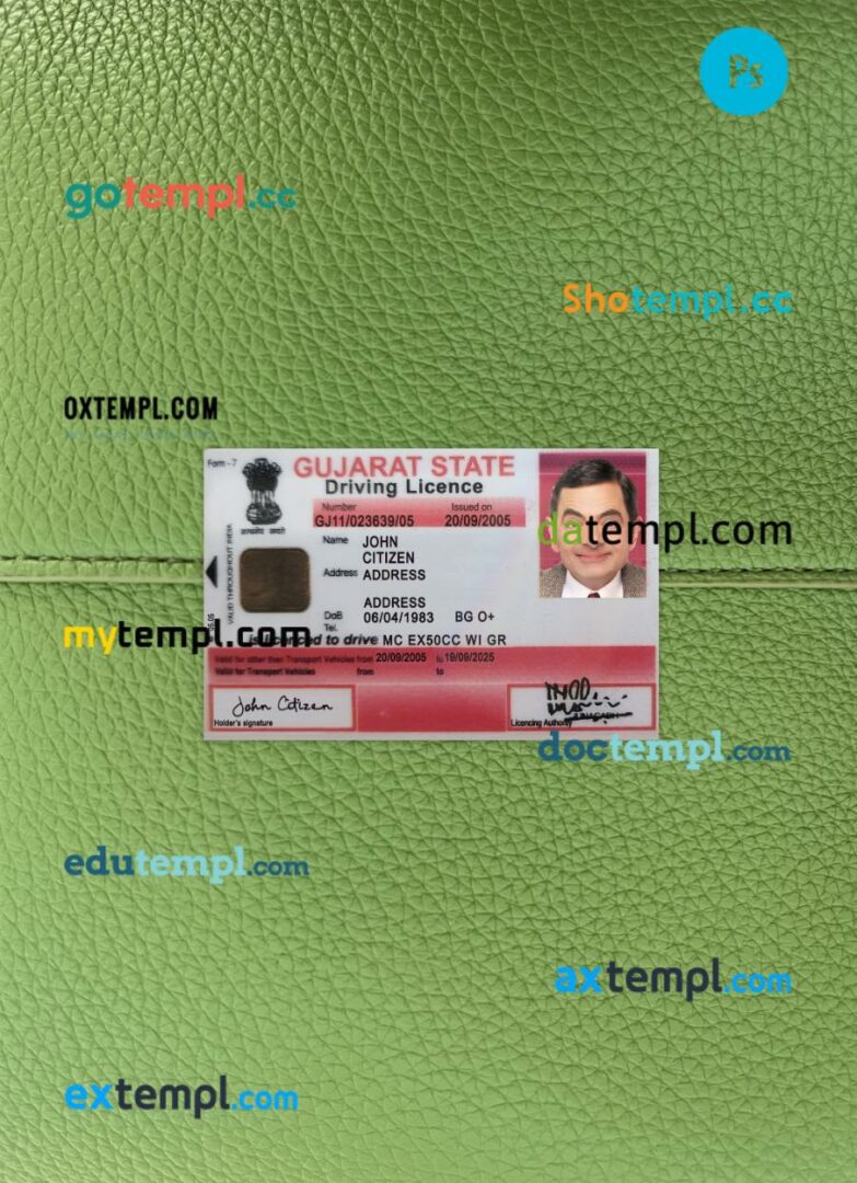 India Gujarat state driving license PSD files, scan look and photographed image, 2 in 1