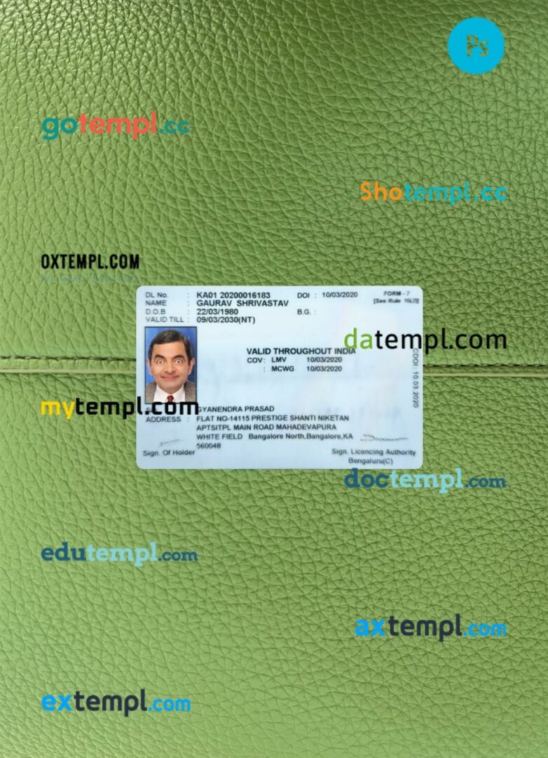 India Karnataka state motor driving license PSD files, scan look and photographed image, 2 in 1