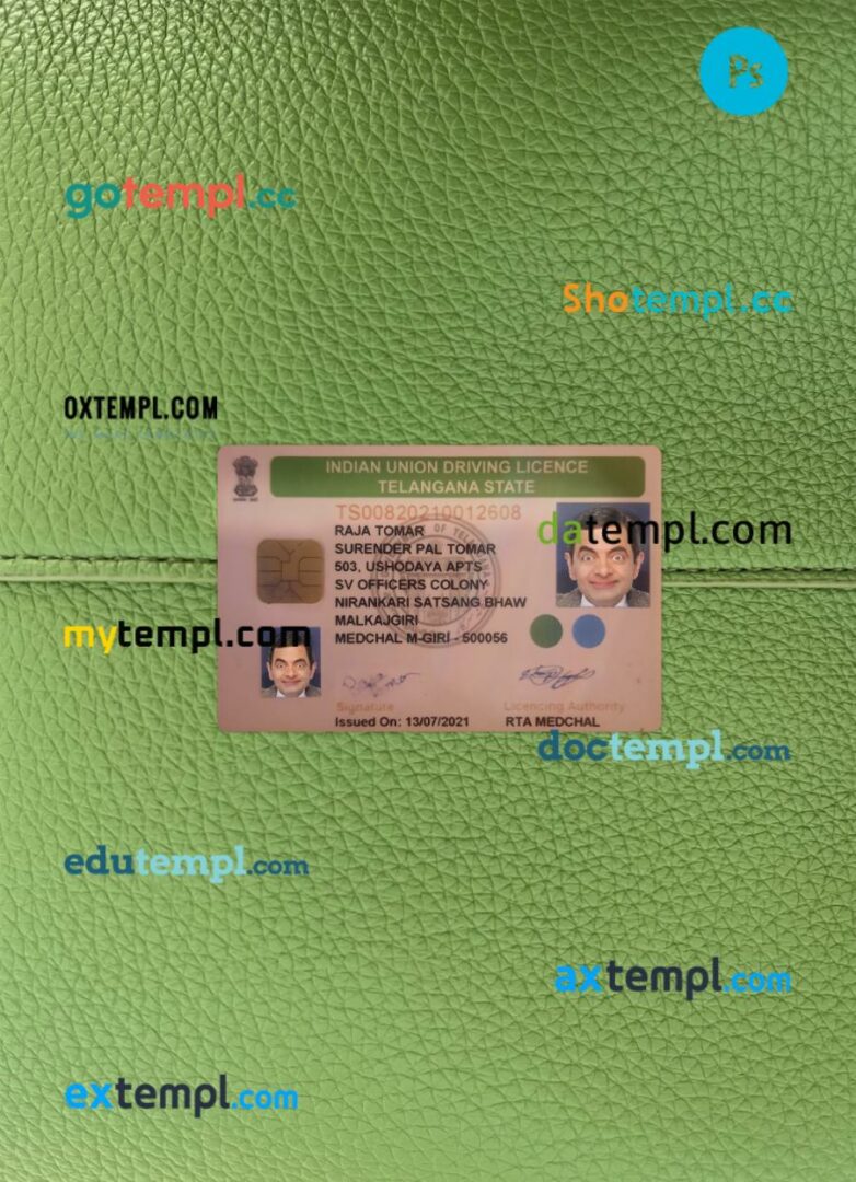 India Telangana state driving license PSD files, scan look and photographed image, 2 in 1