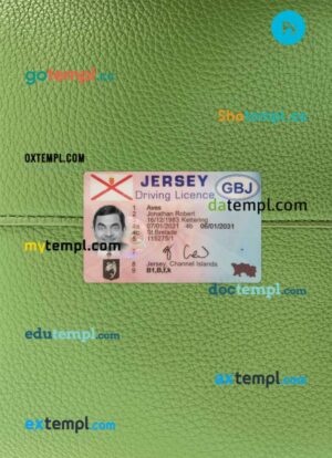 Jersey driving license PSD files, scan look and photographed image, 2 in 1