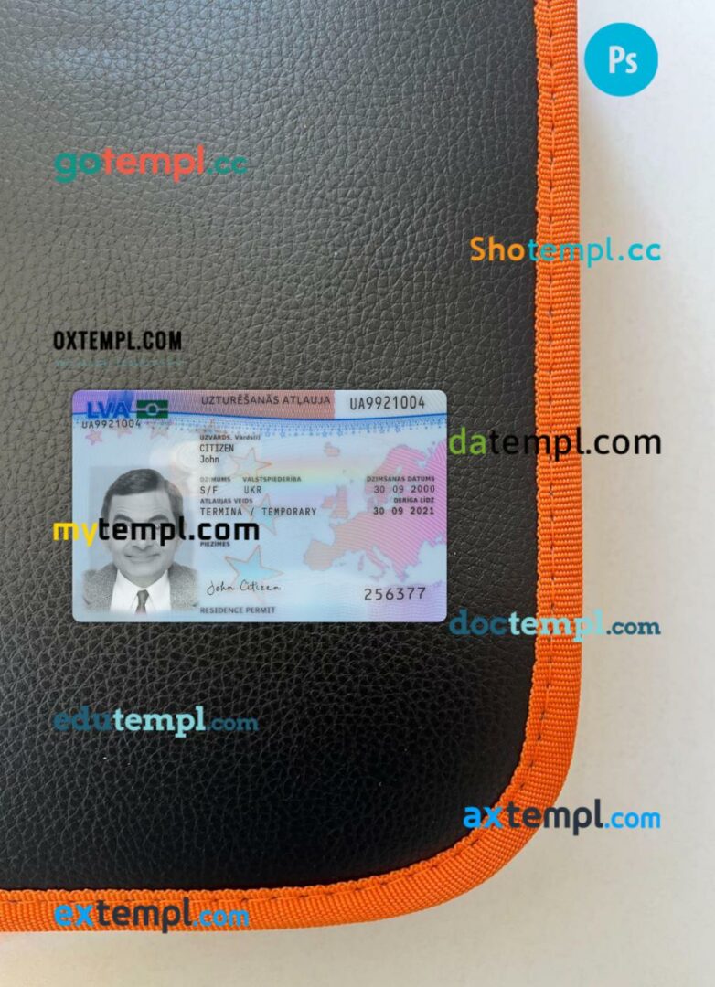 Latvia residence permit editable PSD files, scan look and photo-realistic look, 2 in 1